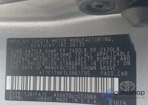 2020 Toyota Camry Le z USA, uszkodzony, nr VIN 4T1C11AK1LU961795